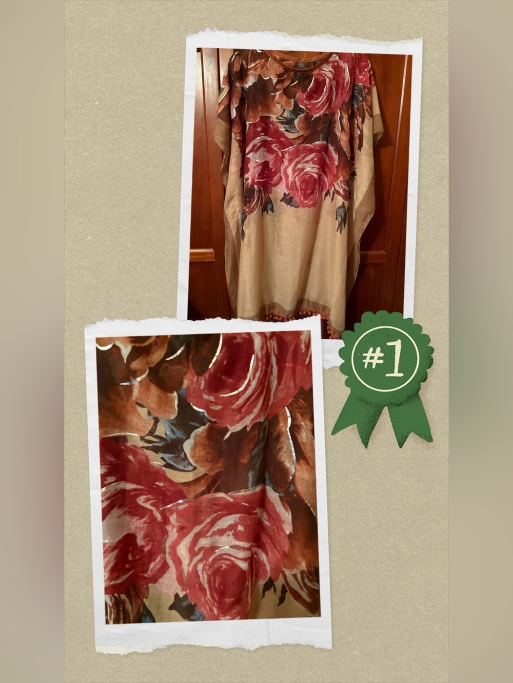 No tag Floral Poncho with Red and Brown Roses #1417
